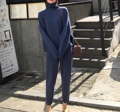 Blue autumn winter Women Turtleneck Warm Knit Tracksuit Fashion Split Knitted Sweater 2 Piece Set Elastic Waist Pants Suits - Цвет: Blue