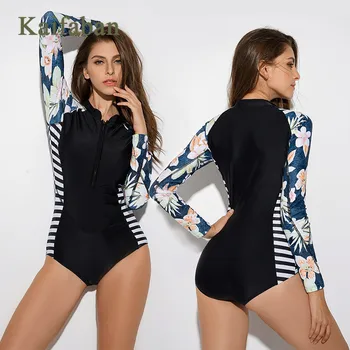 

XXL Women Monokini Floral Stripe Splice One Piece Bikini Plus Size Full Sleeve Zipper Surf Suit Swimsuit Swimwear Plavky Tankini