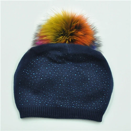 Navy colorful fur Женская шапка с помпоном из натурального меха, женская простая теплая вязаная шапка, шапка с помпоном из натурального меха енота, зимние шапки с меховым помпоном - Цвет: Navy colorful fur