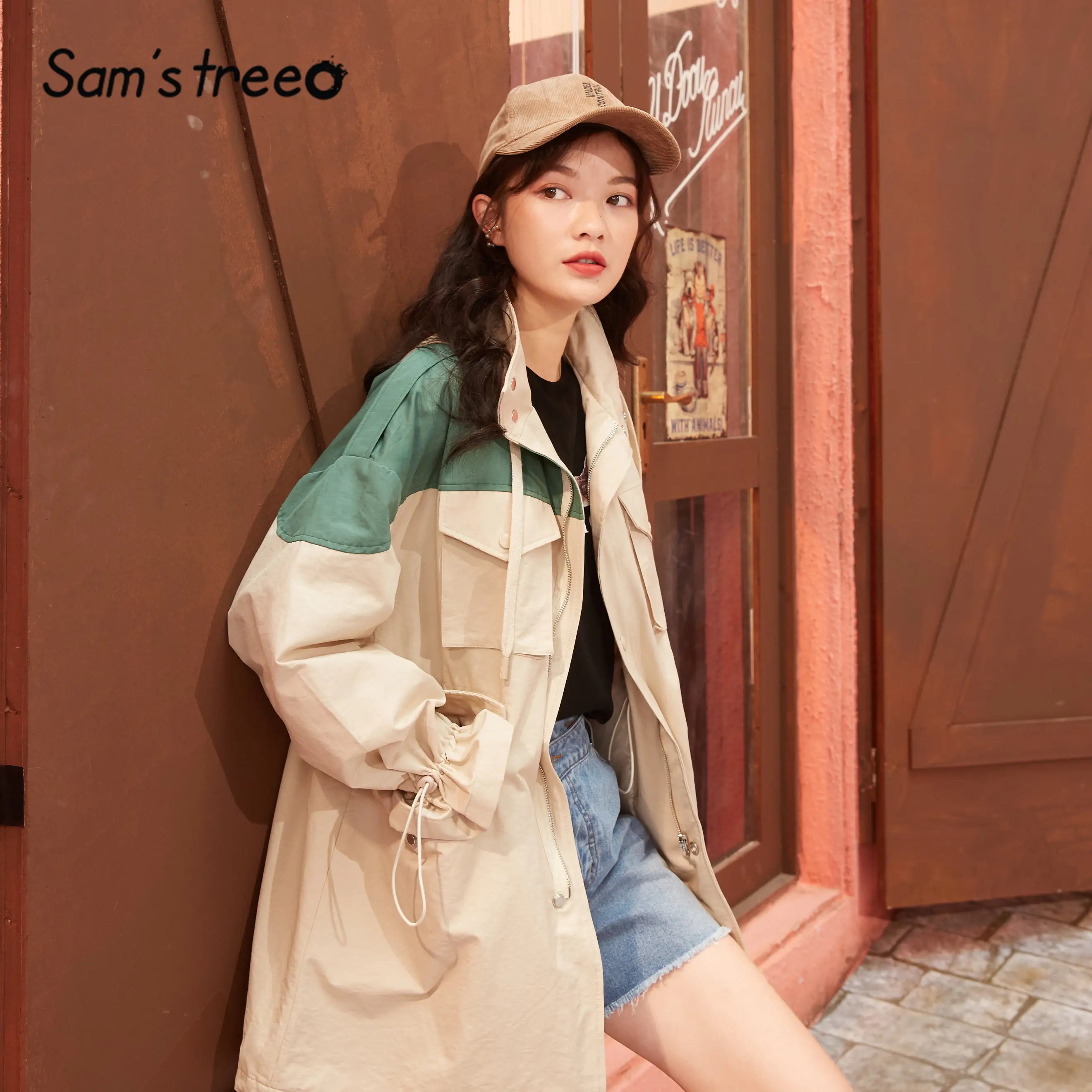 

SAM'S TREE Khaki Colorblock Zipper Hooded Oversize Trench Coat Women 2020 Spring Vintage Drawstring Korean Ladies Daily Outwear