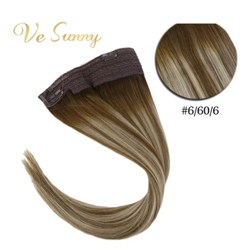 

VeSunny One Piece Invisible Halo Hair Extensions Real Human Hair Flip Wire with Clips on Balayage Color #6/60/6 Brown mix Blonde