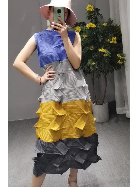 Miyake модные складные алмазные плиссированные лоскутное платье без рукавов стоячий воротник бутон платье - Цвет: Золотой