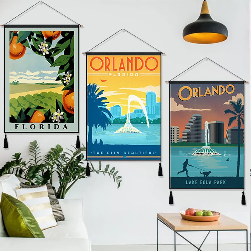 Оранжевый винтажный настенный гобелен Orlando America Florida хлопчатобумажная линия