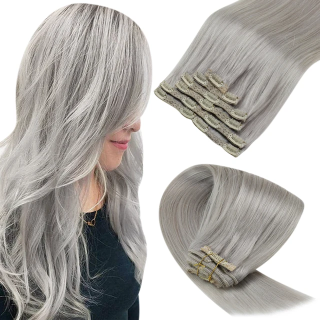 VeSunny Clip in Hair Extension Human Hair Ombre Blonde Remy Seamless Hair Extension Human Hair Brown Balayage Natural Human Hair Grey