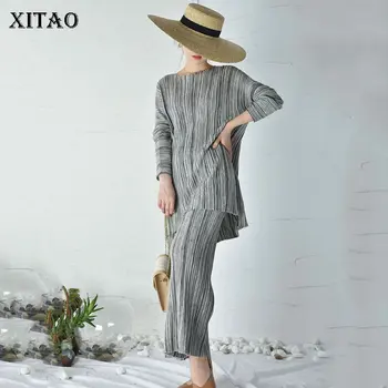 

XITAO Split Striped Vintage Slash Neck Pullover Top Elastic Waist Loose Full Length Pants False Two Piece Elegant Style WLD2933