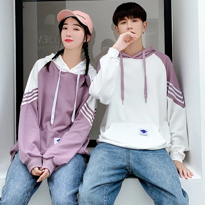 Winter Hoodies Sweatshirts Matching Couple Clothes Lovers Valentine's Day Striped Cute Purple Long Sleeve Hooded Hoodies 1910