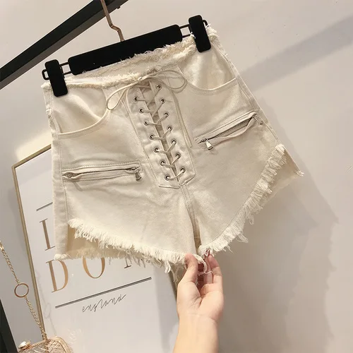 Creamy-white Летние женские шорты из джинсовой ткани с ремешком Новые тонкие сексуальные шерстяные штаны с высокой талией в стиле ретро женские праздничные богемные джинсы - Цвет: Creamy-white