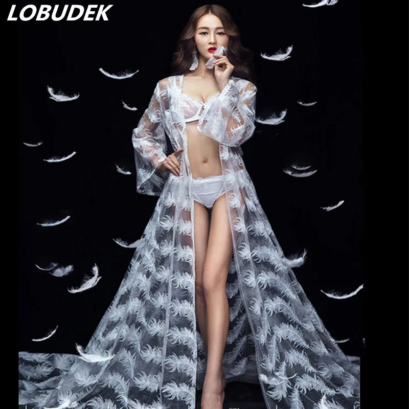 Женский костюм для ночного клуба белый кружевной плащ длинное пальто вечерние