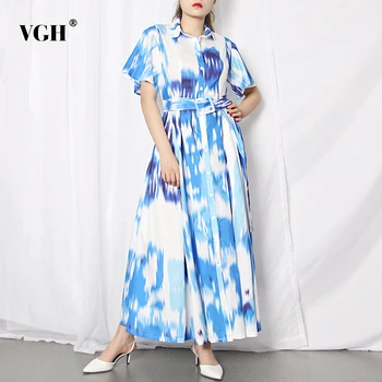 

VGH Vintage Printed Female Dress Lapel Short Sleeve High Waist With Sashes Hit Color Elegant Dresses Women Fashion New Clothes