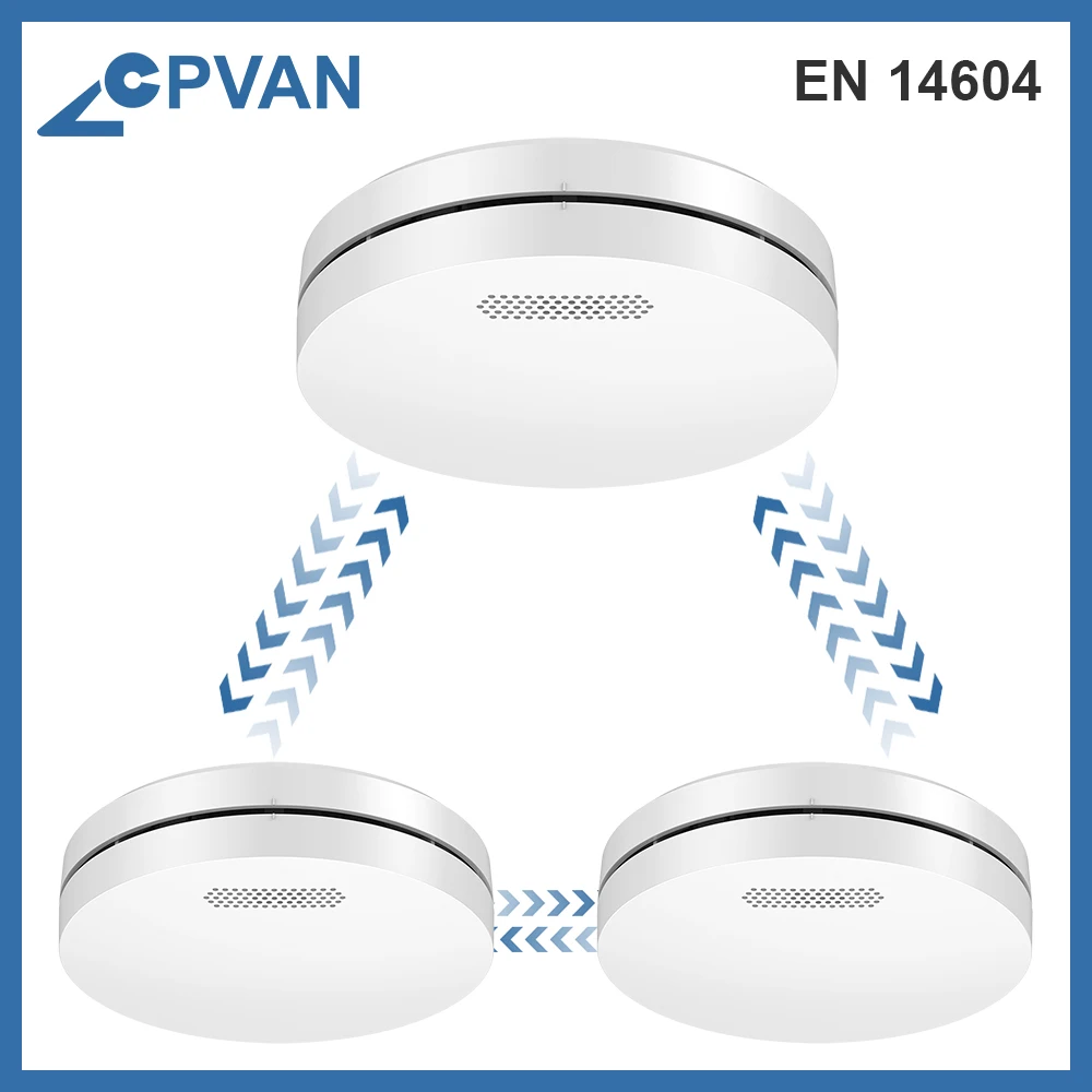 CPVAN-Detector de humo interconectado, alarma One Go, alerta completa de fuego, 433MHZ, Sensor de alarma de humo EN14604/TUV