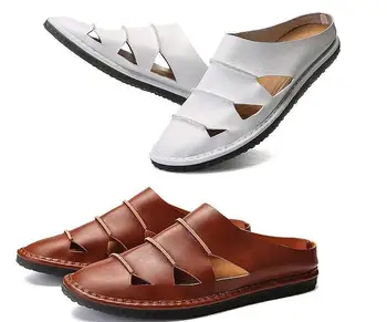 

Men Shoes Summer Hollow Slippers Fashion Geniune Leather Flats Outdoor Breathable Casual Slides Beach Sandal