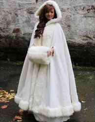 Women Ivory Faux Fur Trim Winter Christmas Bridal Cape Floor Length Wedding Cloaks Hooded Winter Jacket Bolero Custom