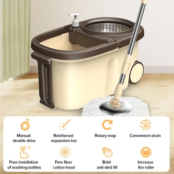 

2 Mop Heads Rotatable Mop Stainless Steel Basket Square Wheel Bucket Reinforcement Rod Metal Plate Household Floor Cleaning Tool