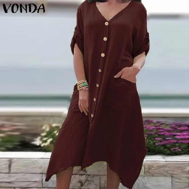 VONDA, женское осеннее длинное платье макси, модное женское сексуальное платье с v-образным вырезом и пуговицами, платье-рубашка с длинным рукавом, вечерние платья размера плюс, женское платье