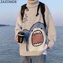 2021 Men Turtlenecks Shark Sweater Men 2020 Winter Patchwor Harajuku Korean Style High Neck Oversized Grey Turtleneck For Men