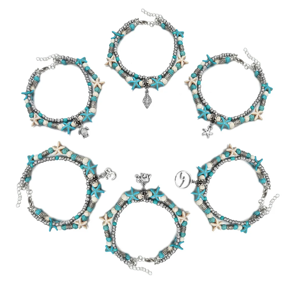 Qingwen Creative Double-layer Foot Decoration Turtle Elephant Character Pendant Starfish Beads Beach Anklet Bracelet Jewelry