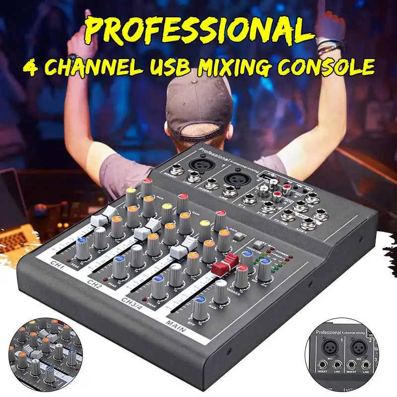 

4 Channels Mini Professional Audio Mixer DJ Mixer for Karaoke KTV Home Stage Sound Card Mixing Console with USB