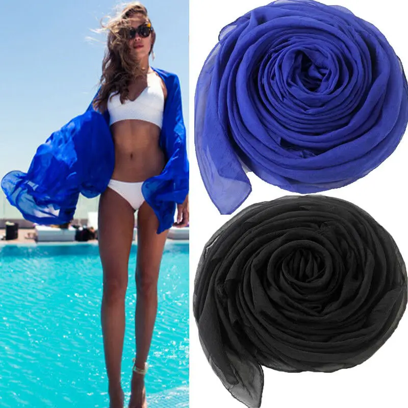 

170cm x 70 cm 2019 Summer Print Silk Scarf Oversized Chiffon Scarf Women Pareo Beach Cover Up Wrap Sarong Solid Long Cape Female