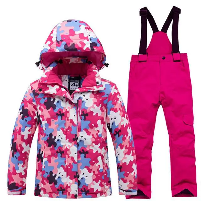 Детская зимняя одежда, лыжный костюм для сноуборда, комплекты, Водонепроницаемая спортивная одежда, куртка для мальчиков и девочек, зимние штаны, детский костюм из 2 предметов - Цвет: Black