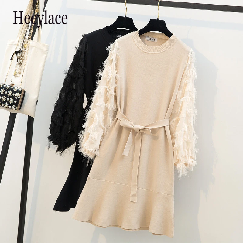 Baratos De talla grande para mujer 2019 otoño elegante Vestido de punto sólido para mujer Vestido de manga larga de Patchwork con borlas para mujer Vestido de punto Línea A Vestido XXXXL