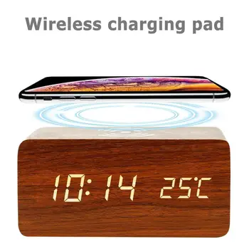 

Digital Alarm QI Wireless Wooden Clock Voice Control Charger Modern LED Table Clocks With Thermometer for IPhone Samsung Huawei