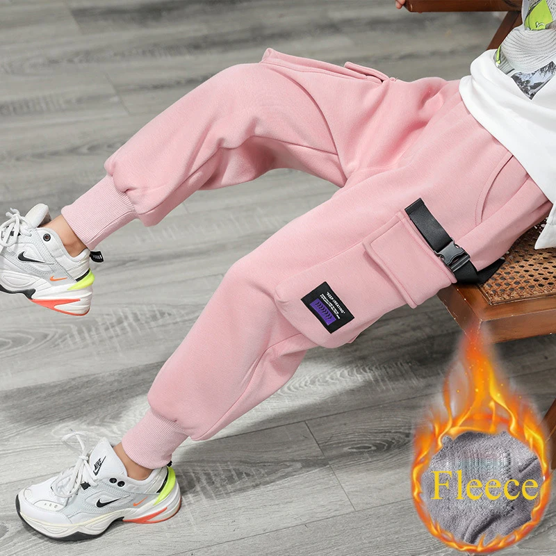 

Teens Pants for Girls Cargo Pants 2020 Winter New Kids Fleece Thick Warm Pants Children Clothing Pink Girls Sports Trousers 10 Y