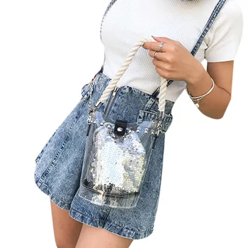 

Women Transparent Bucket Bag Clear PVC Shoulder Bag Female Crossbody Messenger Bags Sequins Handbags