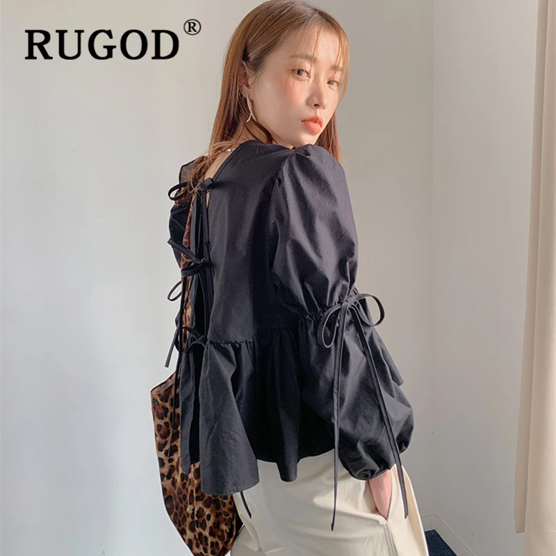 RUGOD ins модная однотонная женская блузка Корейская с пышными рукавами открытой