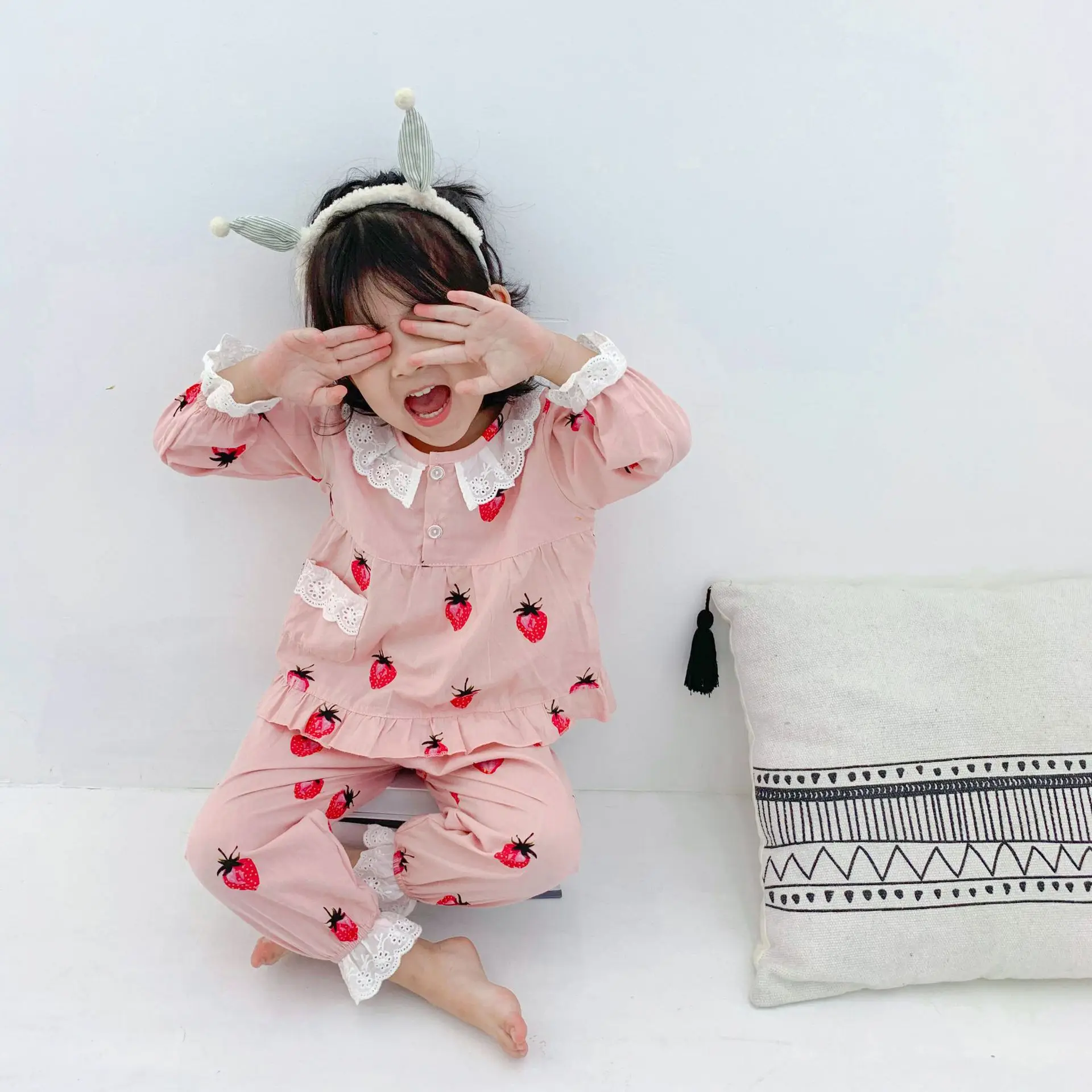 

INS Girls Thin Type for Spring And Autumn Kiwifruit Strawberry Full Printed Lace Western Style Home Wear Cotton Set Pajamas