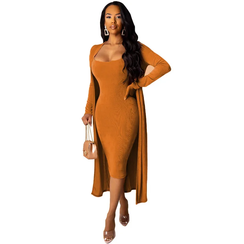 

Autumn Solid Velvet Two Piece Set X-Long Cardigan+ Spaghetti Straps Bodycon Dress Casual Office Lady Vestidos Plus Size XXL