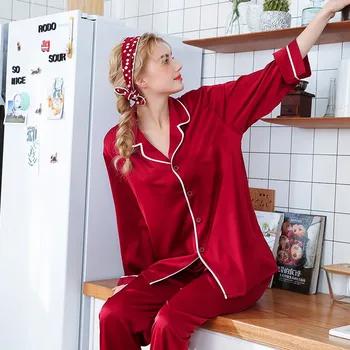 

New Sexy Women Silk Pyjamas Casual Solid Color Satin Button-down Pajamas Set Bride Sleepwear Camison Mujer #xm4
