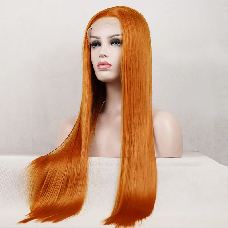 

Copper Red Middle Part 13×4 lace Front Wig For Women Party Baby Hair Heat Resistant Synthetic Hair Wigs Colored Orange