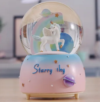 

Unicorn Crystal Ball Music Box Pink Girl Star Moon Rainbow Unicorn Glowing Snowflakes Music Box Home Decoration Desktop Ornament