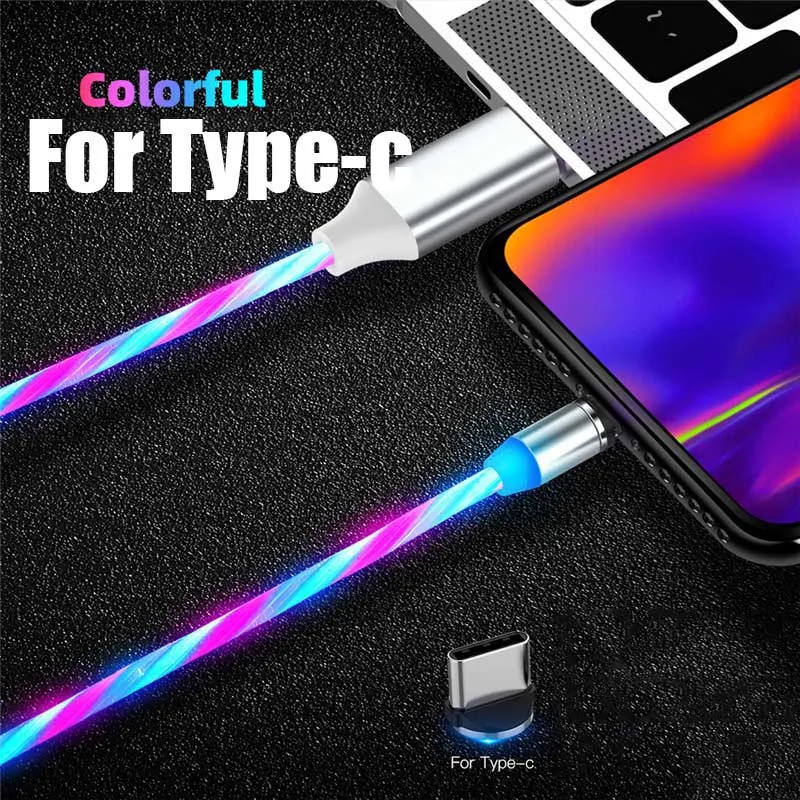 Магнитный USB C Micro USB кабель для iPhone Flow светящийся кабель провод для быстрого заряда type-C 8 Pin зарядное устройство мобильный телефон USB кабель - Цвет: For Type-c