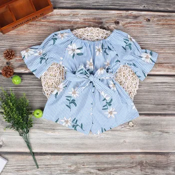 

Summer Casual Fashion Childrens Jumpsuits Baby Girl Strap Floral Bowknot Half Sleeve Rompers