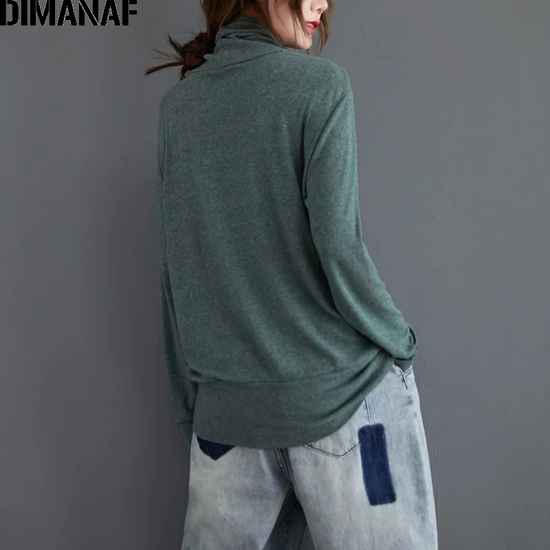 DIMANAF Plus Size Women T-Shirt Long Sleeve Basic Lady Tops Tunic Tee Turtleneck Cotton Knitted Loose tshirt Thin Women Clothing