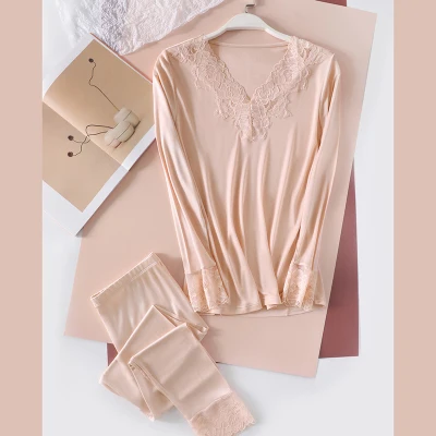 Light Khaki Кальсоны для женщин, натуральный шелк, термобелье, внутренняя одежда, кружево, v-образный вырез, одежда для сна, нижнее белье для девушек, женский теплый комплект - Цвет: Light Khaki