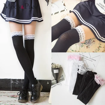 

Woman New Arriwal Tights Cotton Knee Stocking Girl Cute Lace Hosiery Lolita Style Black White Color Stockings Autumn Winter