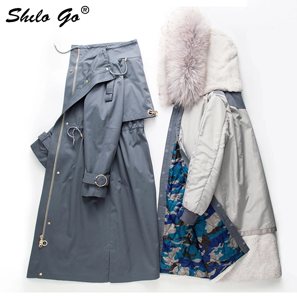 Fur Parkas Highstreet Real Raccoon Fur Collar Hooded Rabbit Fur Lining Long Coat Women Winter Casual Drawstring Waist Outwear