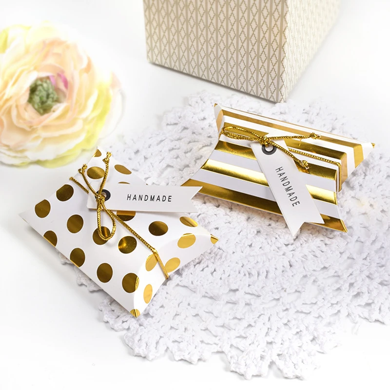 

10pcs Paper Pillow Candy Box Present Pouch Golden Dots Striped Paper Box Wedding Favors Gift Boxes Party Birthday Supply