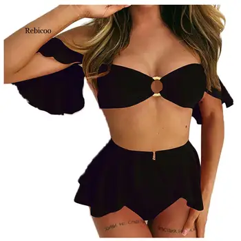 

Newest Split Underwear Set Women's Solid Color Ruffles Bathing Suit Three Biquinis Bandeau Choker Female Intimates Lengerie