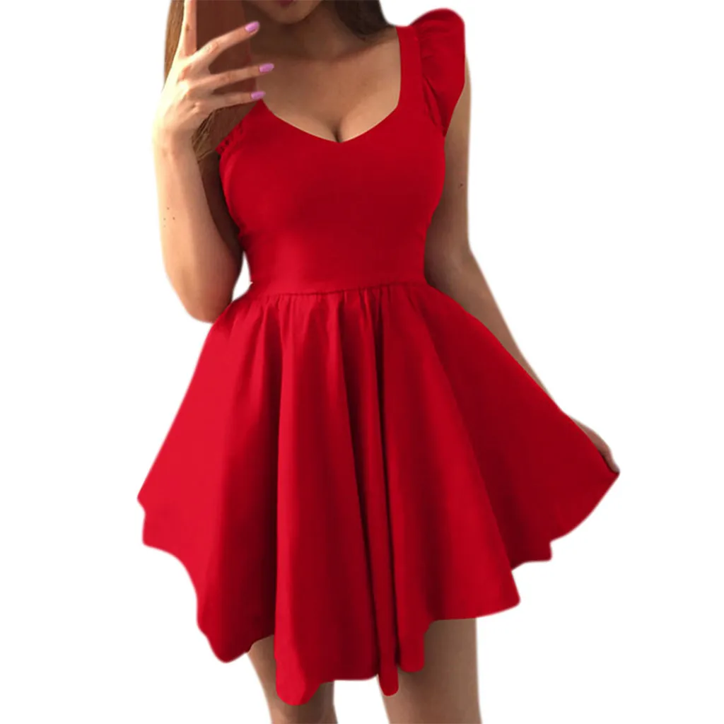Femme Vestidos, женское платье без рукавов, летние вечерние коктейльные платья трапециевидной формы с v-образным вырезом, элегантное женское однотонное облегающее мини-платье - Цвет: Красный