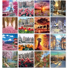 Quatro estações cenário diy pintura por números na lona fotos a óleo para adultos acrílico colorir por número quadro decoração de casa