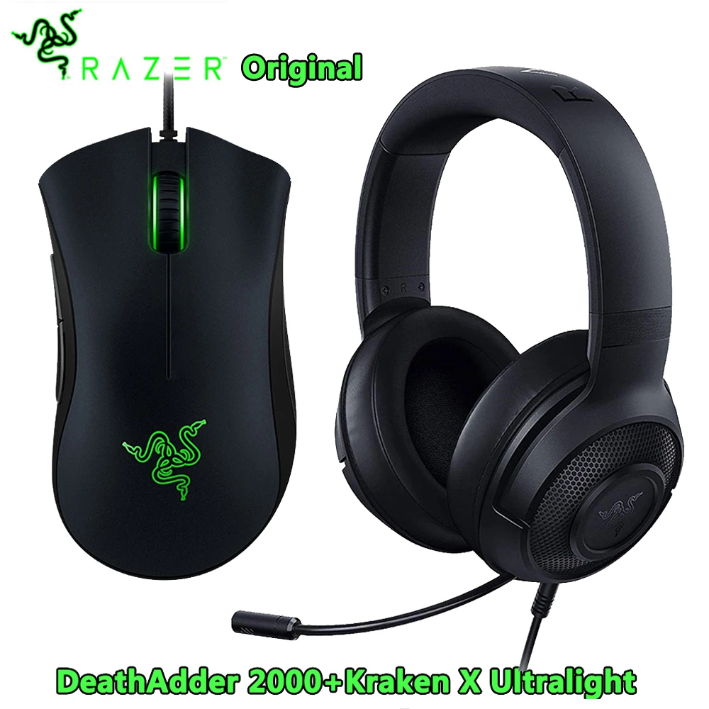 Модернизированные сверхлегкие наушники razer Kraken X с микрофоном, игровая мышь razer DeathAdder 6400 dpi для ПК/ноутбука/телефона геймера - Цвет: headphone w 2000