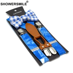 SHOWERSMILE Boys Suspenders Print Denim Blue Braces And Bow Tie Set Children Leather 4 Clips Elastic Adjustable Kid Pants Strap