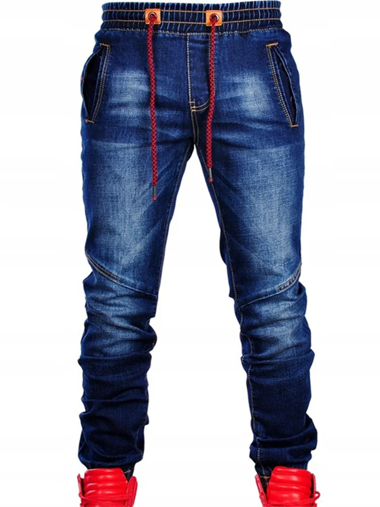 Autumn Winter Men's Fashion Trends Jeans Straight Denim Trouers Classic Style Patchwork Pants Elastic Waistband Slim Pants
