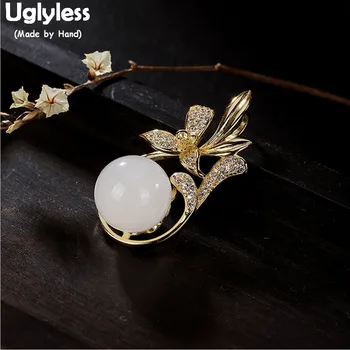 

Uglyless Handmade Orchid Grass Pendants Women Real Gold Plated 925 Silver Floral Necklaces NO Chains Jade Crystals Jewelry P738