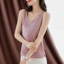 Korean Women Tops Silk Woman Satin Blouse Women Sleeveless White Top Woman V Neck Blouses Top Plus Size Ladies Pink Shirt Blouse