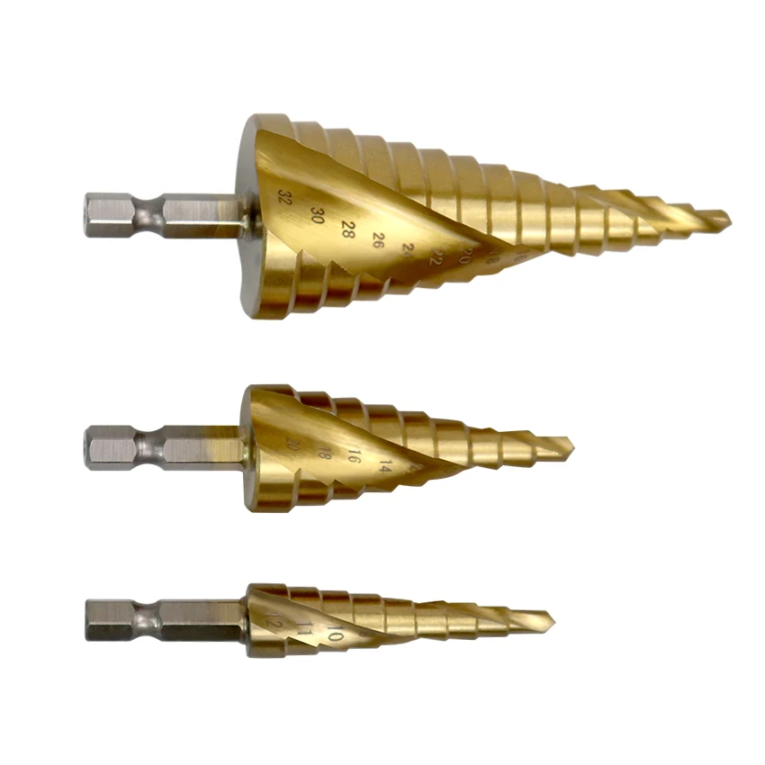 

4-12/20/32mm HSS Steel Cone Drill Bit Set HSS Steel Step Sharpening Titanium Coated Metal Hex Core Drill Bits