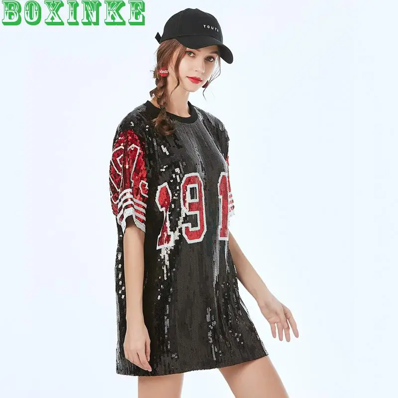 Kpop Tumblr вышитый бисером свободный круглый вырез средней длины Топ Евро Американский номер 1913 большая блестка Футболка